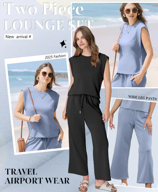 💕50% OFF🌺2025 Neue Frauen Casual Cap Sleeve Top Wide Leg Crop Pants Zweiteilige Set