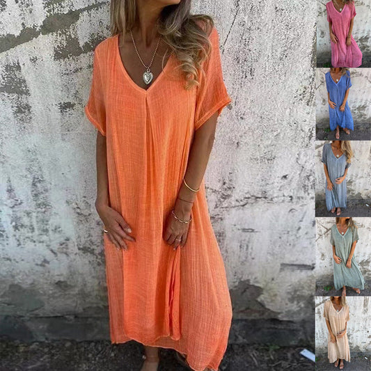 ⏳Begrenzte Zeit 50% Rabatt💥Lässiges Baumwoll-Leinen-Kleid mit V-Ausschnitt für Frauen