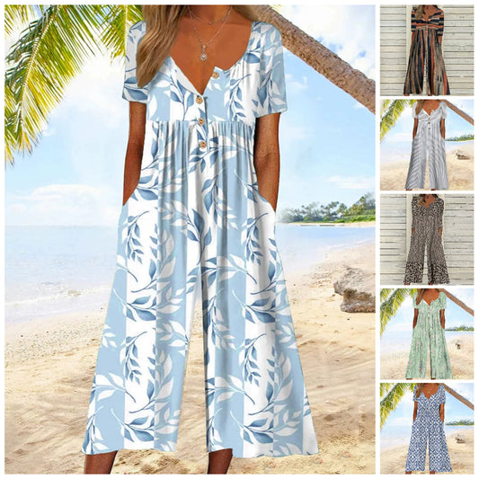 💥Last Day Special Sale 50% OFF💃Printed V-Neck Side Pocket Jumpsuit