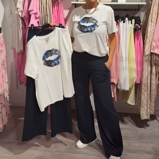 Zweiteiliges Set aus bedrucktem Oberteil und Hose für Damen