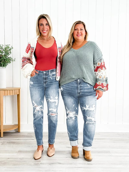 Bauchweg-Jeans im Used-Look mit Bündchen
