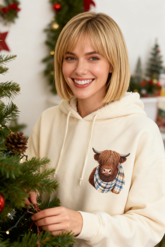 💖WEIHNACHTSANGEBOT 50% RABATT!!🎁Niedliches, kuscheliges Kapuzensweatshirt mit Fleece-Futter und Hochlandrindmotiv🦬