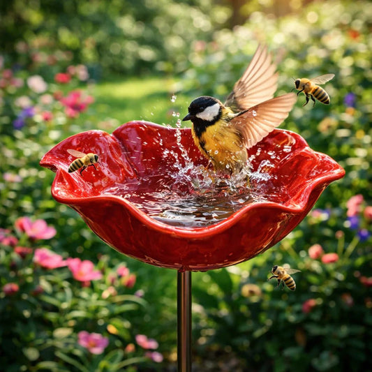 🌼Handgefertigter Metall Blumen-Gartenstecker🐦Vogeltränke & Insekten-Trinkstelle, Wetterfest Gartendekoration für Beet, Wege & Außenbereich, Einzigartiges Deko Geschenk