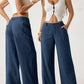 Damen Palazzo-Hose aus Baumwoll-Leinen-Mischgewebe, sommerlich fließend, weit geschnitten, gerades Bein, mit Tasche, lässige, einfarbige Loungehose mit weichem, elastischem Bund und hohem Bund.