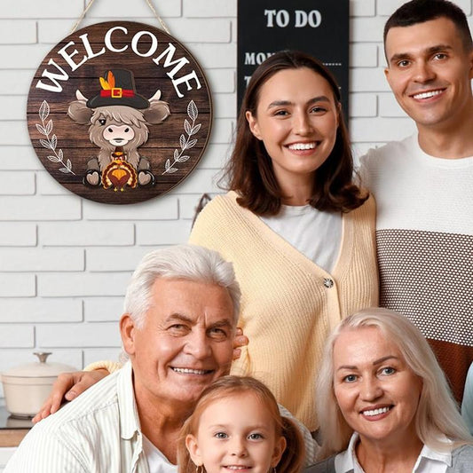 ⏰Austauschbares Willkommensschild mit Highland-Kuh-Motiv, mit saisonalem Magnet, abnehmbaren Hüten und Zubehör