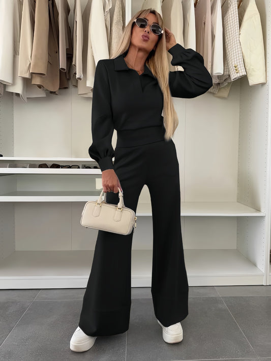🔥Zeitlich begrenztes Angebot – Set aus Damenbluse mit Reverskragen und weit geschnittener Hose