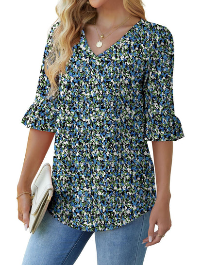💕Limited time sale 50% off👚Womens 3/4 Length Sleeve V-Neck Eyelet Casual Ruffle Sleeve Tunic Blouses
