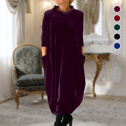 💃🍂Langes, schlankmachendes Kleid mit Rundhalsausschnitt