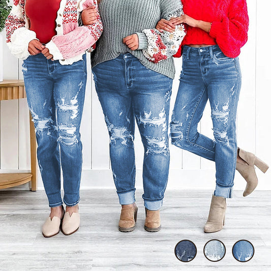 Bauchweg-Jeans im Used-Look mit Bündchen
