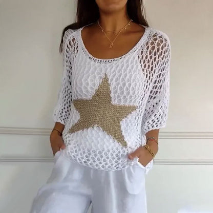 🌸Was soll ich morgen anziehen?💥Damenmode Rundhalsausschnitt Häkel-Strick-Netz-Top