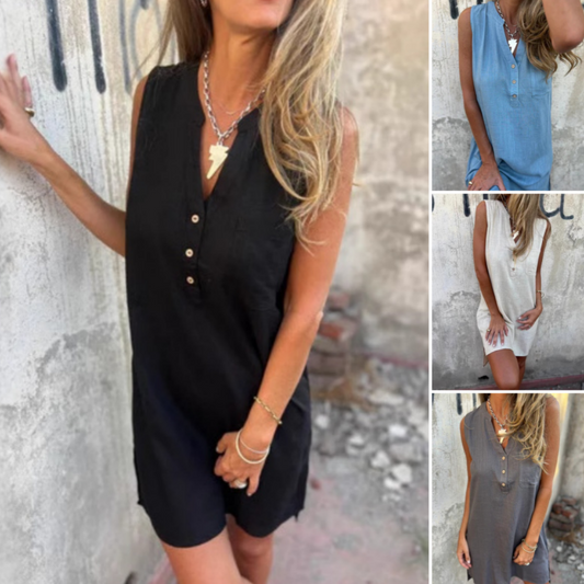 🎀 Elegantes Sommerkleid – Ärmelloses Kleid mit Knopfleiste und V-Ausschnitt ✨