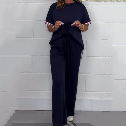 💖Begrenzter Verkauf 50% Rabatt💖👗Kurzärmeliges T-Shirt mit Seitenstreifen und Jogginghose mit weitem Bein