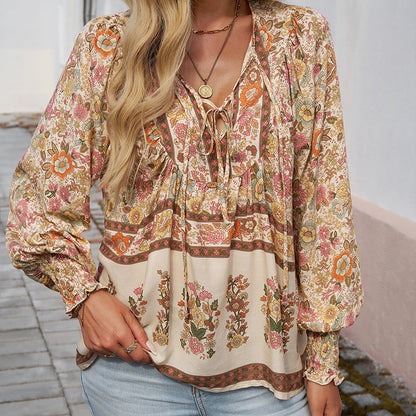 🌷🍃Damenmode bedrucktes Langarmshirt mit V-Ausschnitt