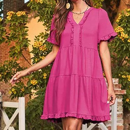 💕Neuheiten 2026 – 70 % reduziert!!💃👗Damenkleid mit Rüschenbesatz, V-Ausschnitt und Stufenrock