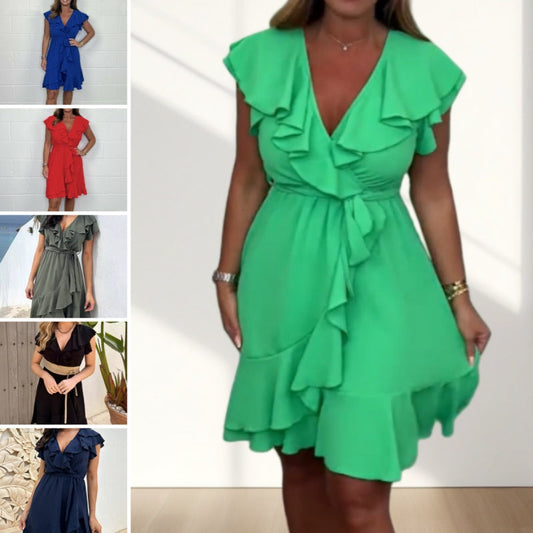 🏖️Sommer Hot-Sale 50% Rabatt🌸Elegantes Rüschenkleid mit Taillenschnürung und V-Ausschnitt für Damen