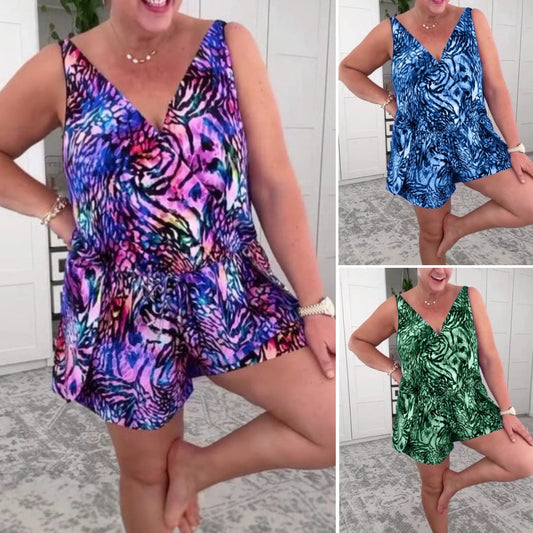 🌸Unverzichtbar für den Strandurlaub🌸Ärmelloser Badeanzug mit V-Ausschnitt und Print 😍Gratis Sonnenschutz