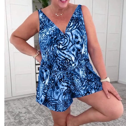 🌸Unverzichtbar für den Strandurlaub🌸Ärmelloser Badeanzug mit V-Ausschnitt und Print 😍Gratis Sonnenschutz