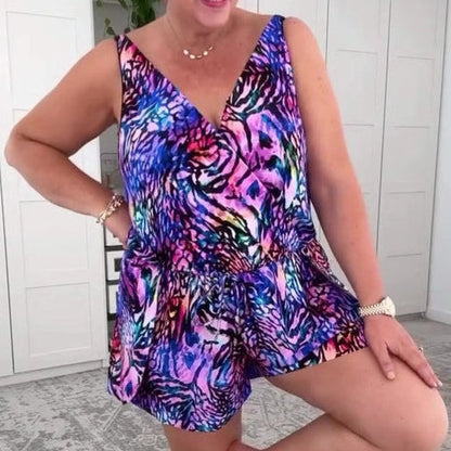 🌸Unverzichtbar für den Strandurlaub🌸Ärmelloser Badeanzug mit V-Ausschnitt und Print 😍Gratis Sonnenschutz