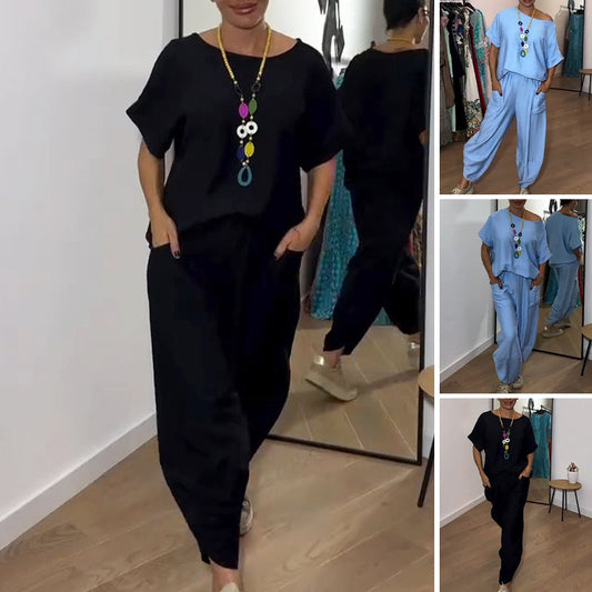 2-teiliges Damen-Set aus einfarbigem Oberteil und lockerer Hose