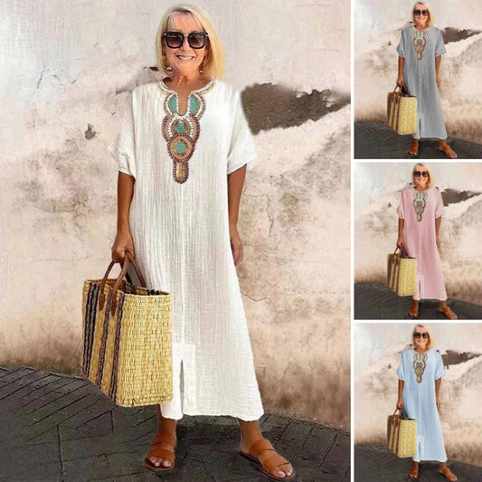 💥Women's Casual Loose Baumwolle Leinen bestickt Split Kleid💥