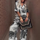 🔥Damen-Set mit Print: Top mit V-Ausschnitt & lange Hose
