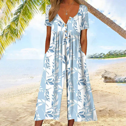 💥Last Day Special Sale 50% OFF💃Printed V-Neck Side Pocket Jumpsuit