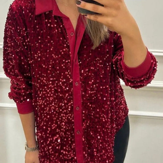 🌈50 % Rabatt für begrenzte Zeit💞Partyhemd mit Pailletten und Button-Down-Revers für Damen