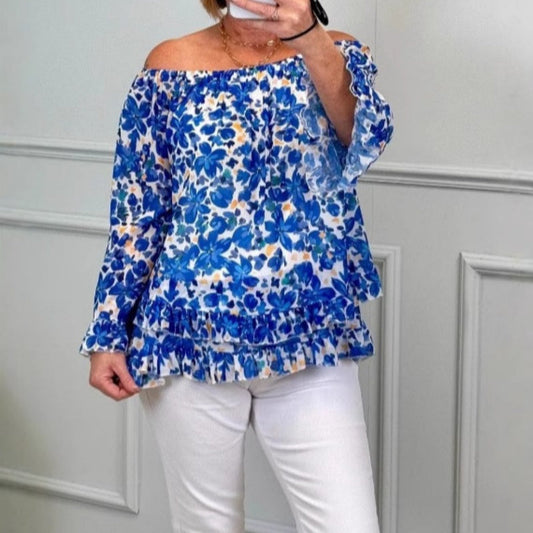 ✨2025 Mode Neu 50% RABATT💝Bedrucktes One-Shoulder Langarm Chiffon-Shirt für Damen