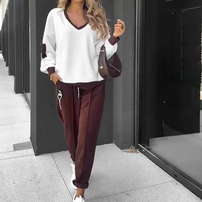 🍁NEUER HEISSER VERKAUF🔥Farbblock-Pullover mit Kapuze & Jogginghose im Set