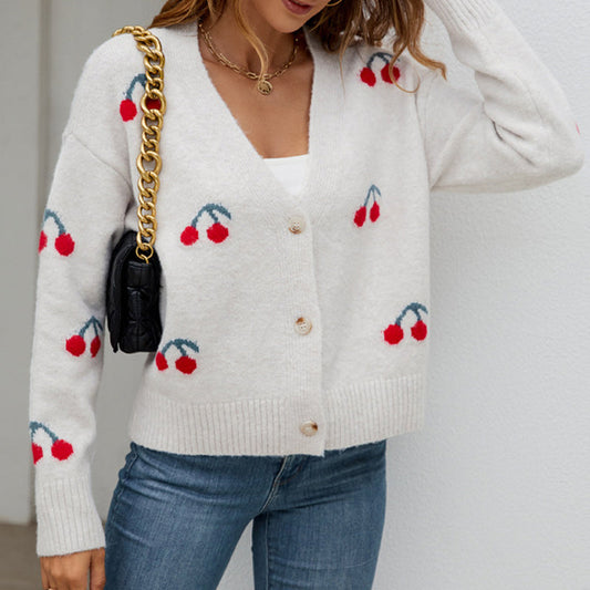 Damen-Freizeit-Cardigan mit Kirschenstickerei und Knöpfen