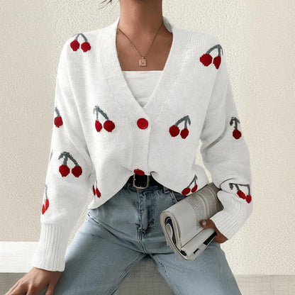 Damen-Freizeit-Cardigan mit Kirschenstickerei und Knöpfen