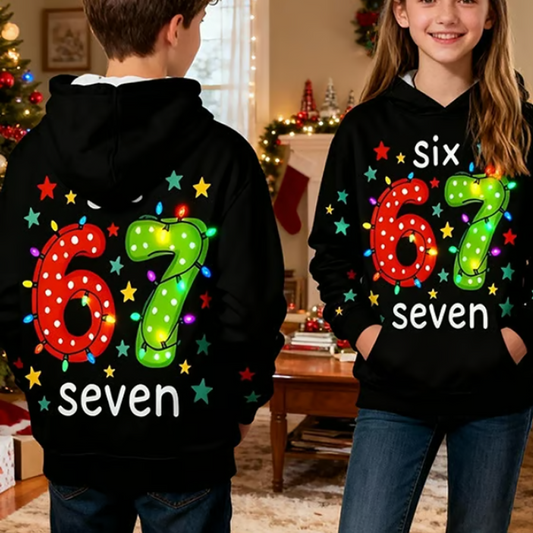 🎅Weihnachtsangebot 2025: 50% Rabatt🎄Kinder Weihnachts-Kapuzenpullover mit „67“ Grafik-Print