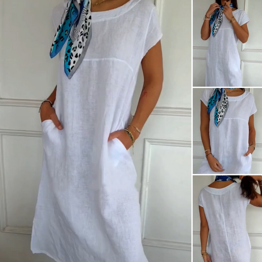 Damen Kurzarmkleid mit Rundhalsausschnitt aus Baumwoll-Leinen