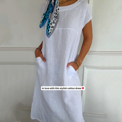 Damen Kurzarmkleid mit Rundhalsausschnitt aus Baumwoll-Leinen