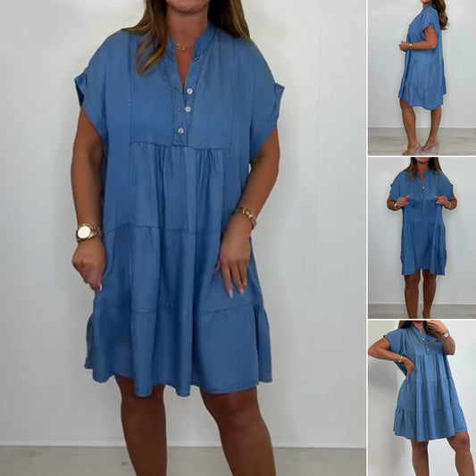 Lässiges, einfarbiges, kurzes Kleid mit Knopfleiste für Damen