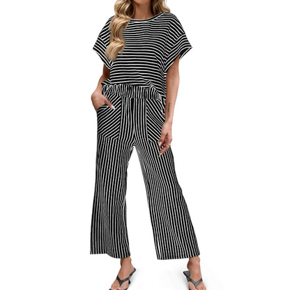 👚 Zweiteiliges Lounge-Set für Damen mit Streifenmuster – tiefe Seitentaschen, bequemer Stretch-Bund. ✨