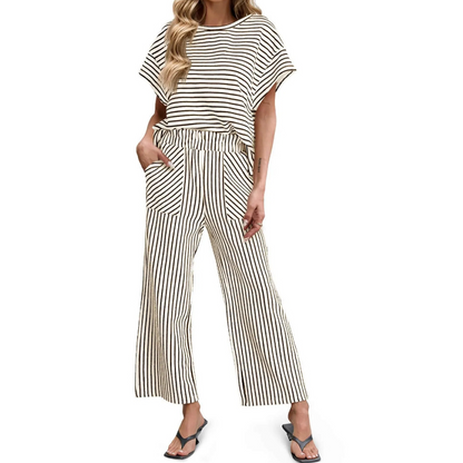 👚 Zweiteiliges Lounge-Set für Damen mit Streifenmuster – tiefe Seitentaschen, bequemer Stretch-Bund. ✨