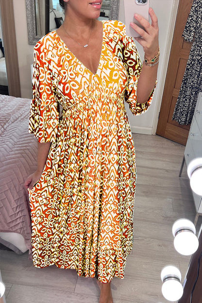 🔥Kostenloser Versand🔥Bohemian Casual Print V-Ausschnitt langes Kleid